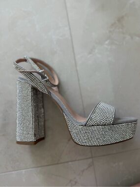 Steve Madden Silver Crystal Platform Block Heel Sandals